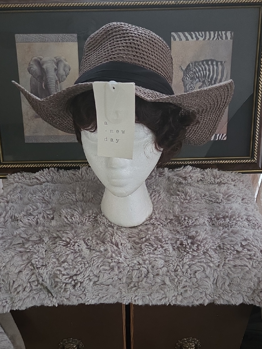 a new day Taupe Wide Brim Straw Hat with Black Band